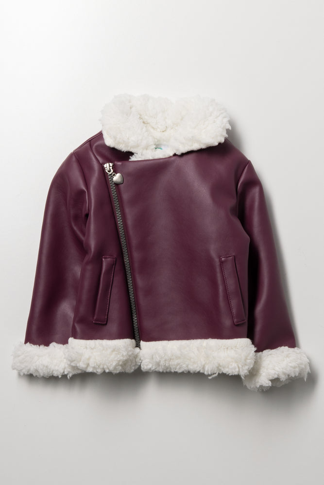 Sherpa Lined Biker Jacket Burgundy