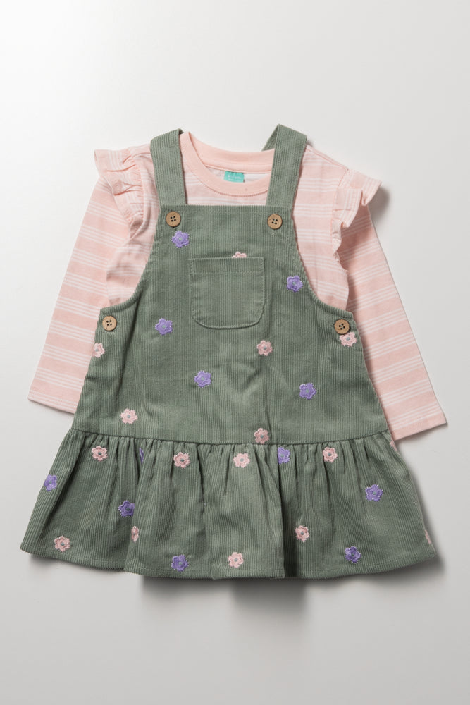 Floral Stripe Corduroy Pinafore Set Green