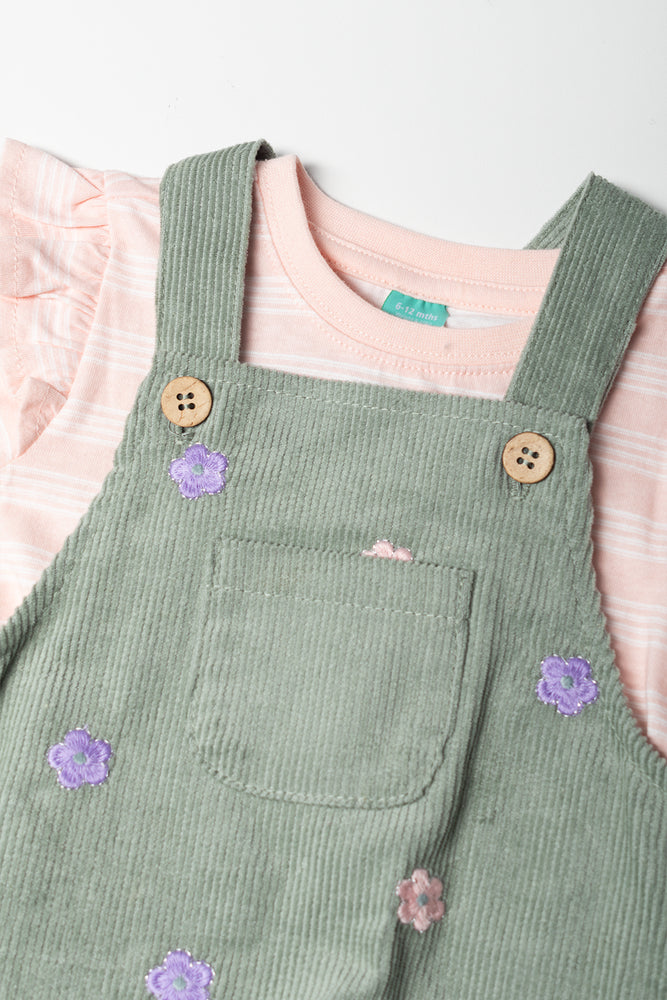 Floral Stripe Corduroy Pinafore Set Green (1)