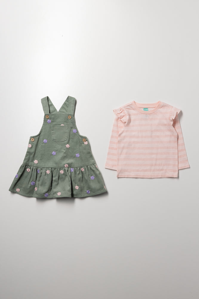 Floral Stripe Corduroy Pinafore Set Green (2)