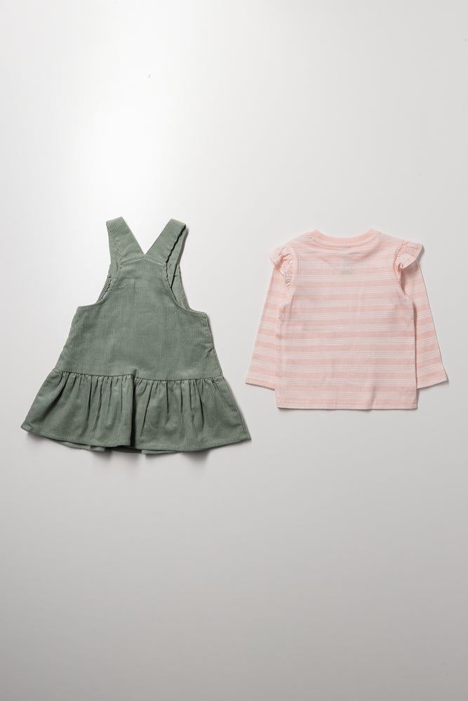 Floral Stripe Corduroy Pinafore Set Green (3)