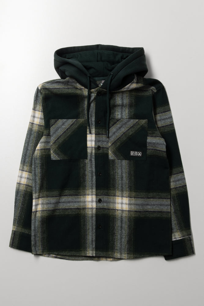 Check Flannel Hooded Shirt Dark Green