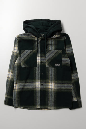 Check Flannel Hooded Shirt Dark Green