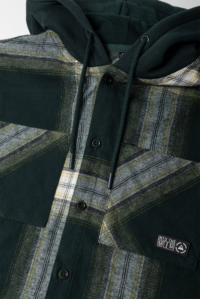 Check Flannel Hooded Shirt Dark Green