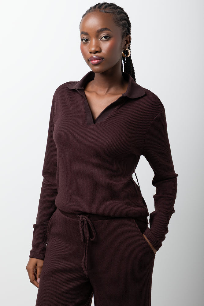 Johnny Collar Long Sleeve Knit Top Brown | Tops & T-Shirts | Ackermans