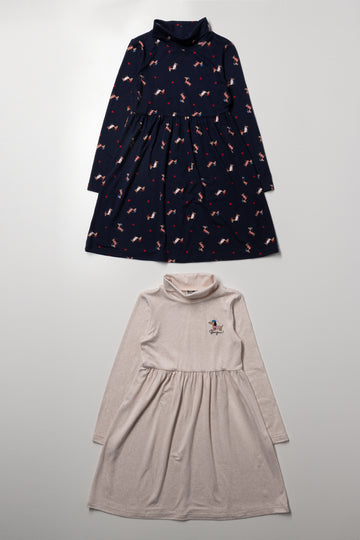2 Pack Sausage Dog Poloneck Dresses Natural And Navy