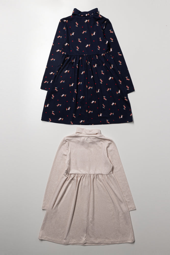 2 Pack Sausage Dog Poloneck Dresses Natural And Navy (2)