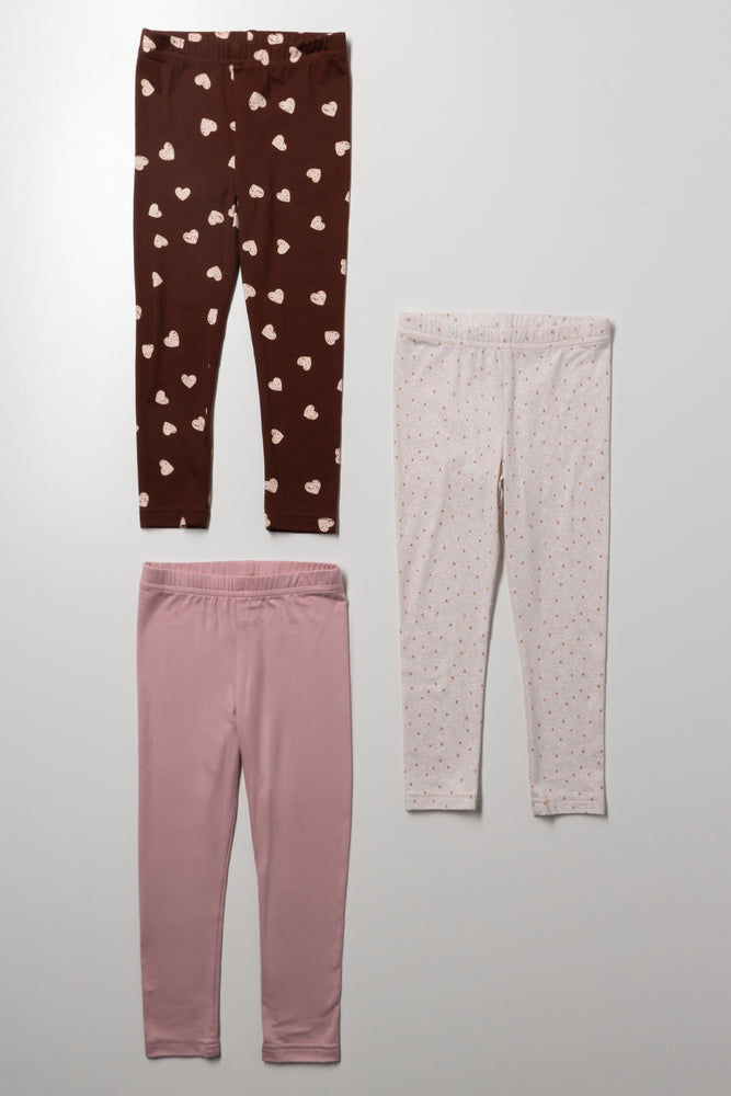 3 Pack Heart Leggings Brown And Pink