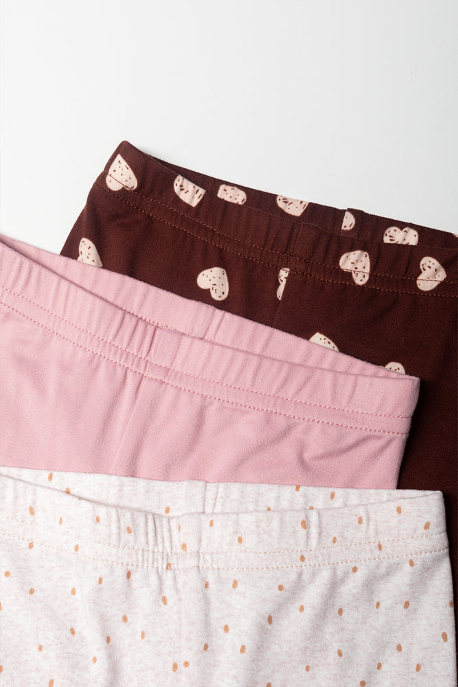 3 Pack Heart Leggings Brown And Pink