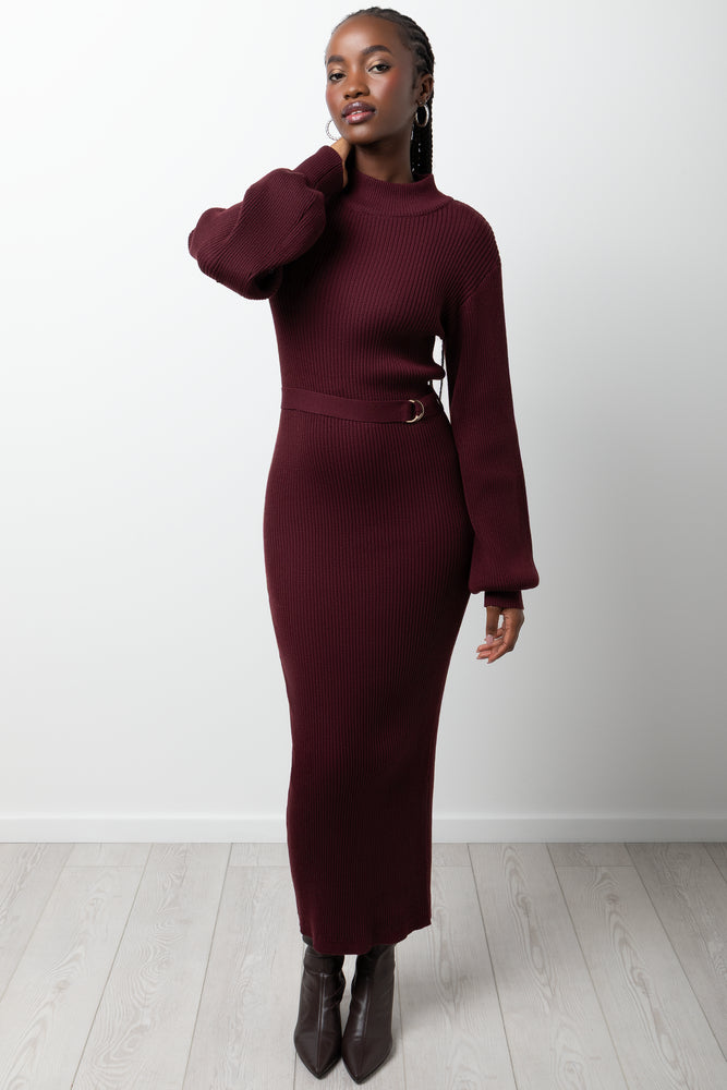 Puff Sleeve Belted Bodycon Dress Burgundy