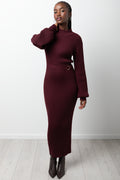 Puff Sleeve Belted Bodycon Dress Burgundy