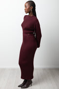 Puff Sleeve Belted Bodycon Dress Burgundy (1)