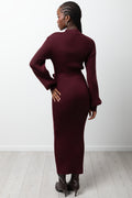 Puff Sleeve Belted Bodycon Dress Burgundy (2)