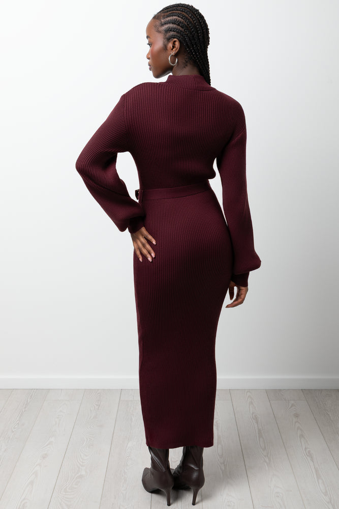 Puff Sleeve Belted Bodycon Dress Burgundy (2)