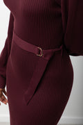 Puff Sleeve Belted Bodycon Dress Burgundy (3)
