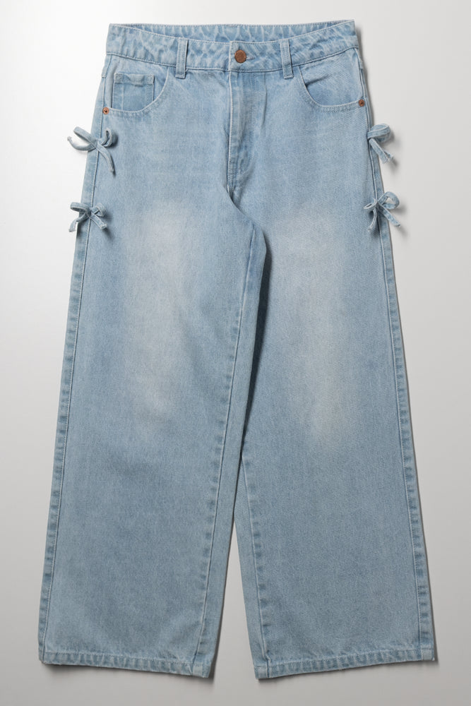 Bow Detail Straight Leg Denim Jeans Light Blue