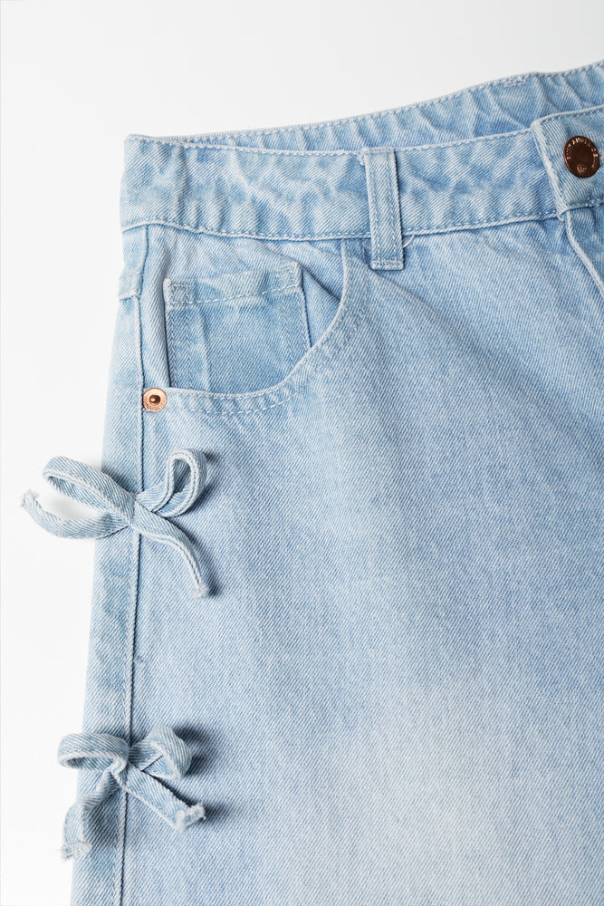 Bow Detail Straight Leg Denim Jeans Light Blue (1)