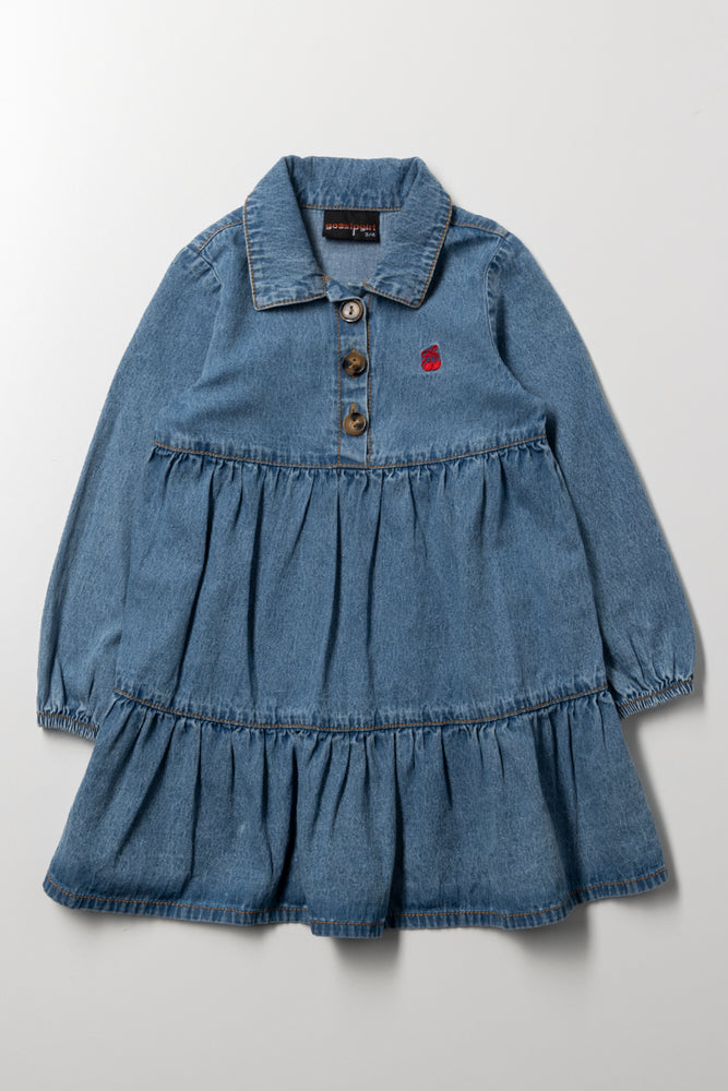 Cherry Embroidery Tiered Denim Dress