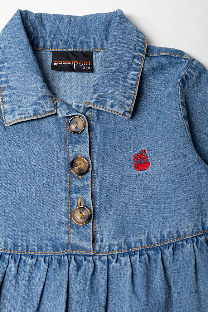 Cherry Embroidery Tiered Denim Dress (1)