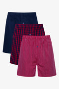 3 Pack Woven Boxers Burgundy, Check & Navy