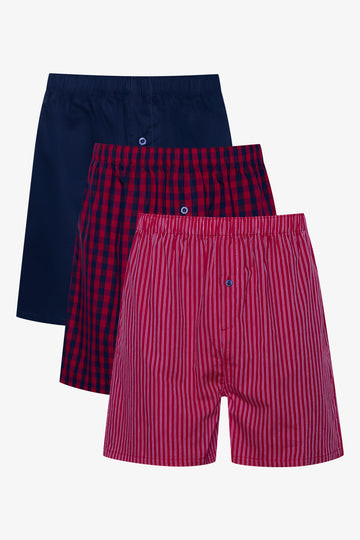 3 Pack Woven Boxers Burgundy, Check & Navy