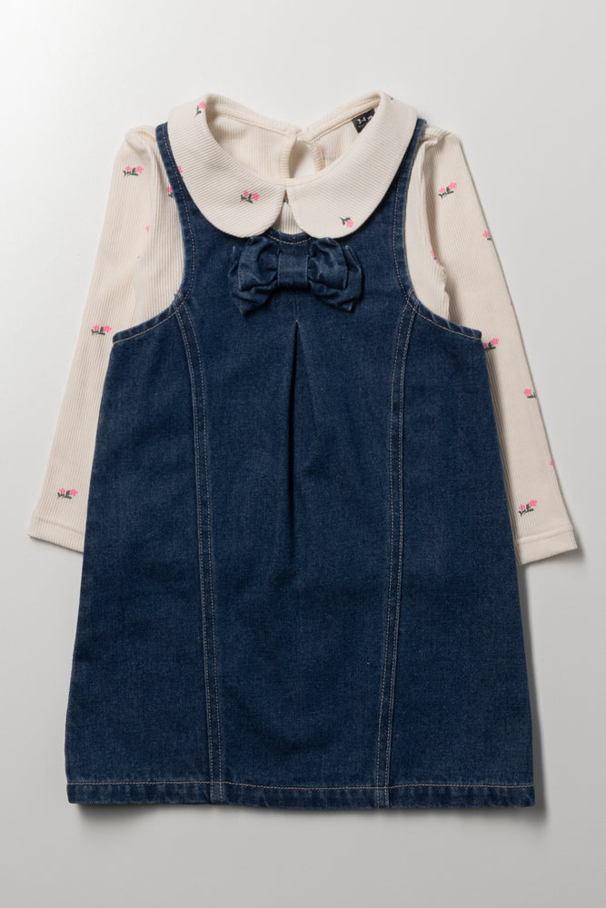 Denim Pinafore Bow Set Blue