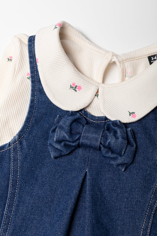 Denim Pinafore Bow Set Blue