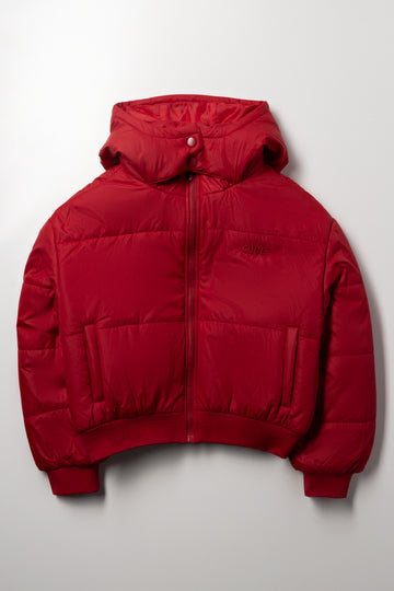 Rib Hooded Puffer Jacket Red