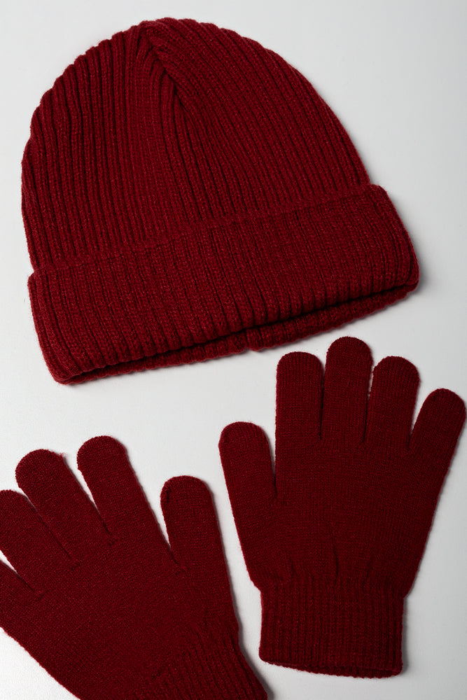2 Piece Beanie & Gloves Set Burgundy (1)