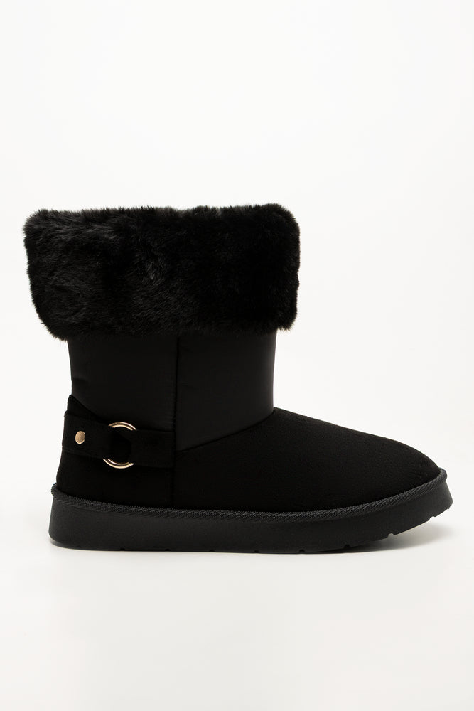 Fur Trim Comfy Boots Black