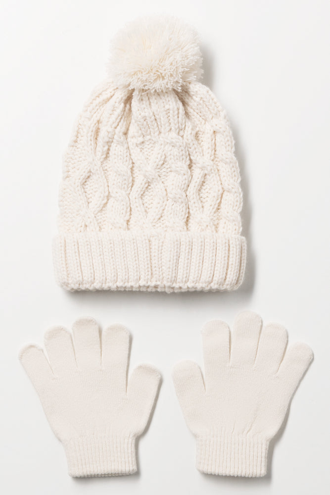 2 Piece Beanie & Gloves Set White