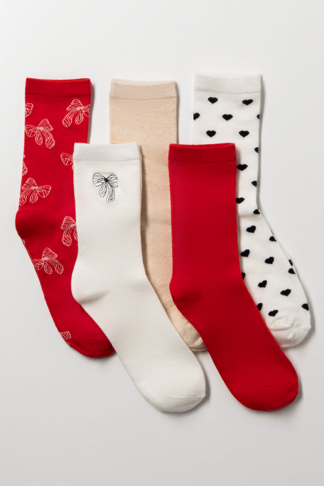 5 Pack Bow Socks Red