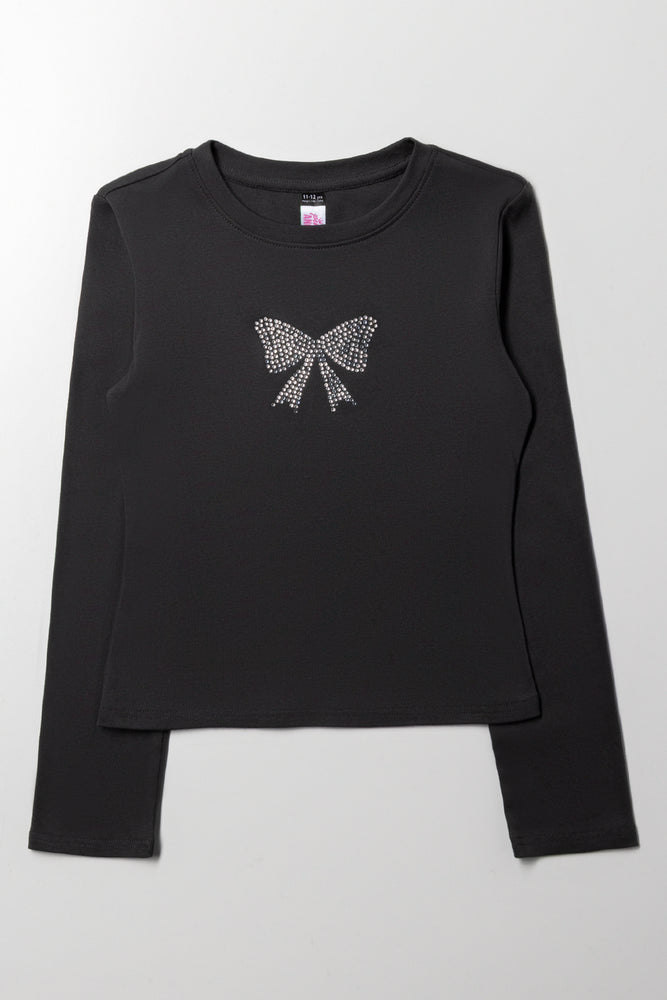 Crew Neck Rib Top With Bow Black