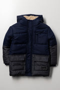 Hooded Textured Parka Jacket Navy And Green