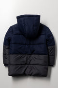 Hooded Textured Parka Jacket Navy And Green (2)