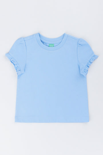 Blue Frill Sleeve Cotton T-Shirt