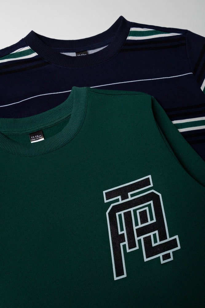 2 Pack Stripe Crew Neck Tracktops Navy And Green (1)