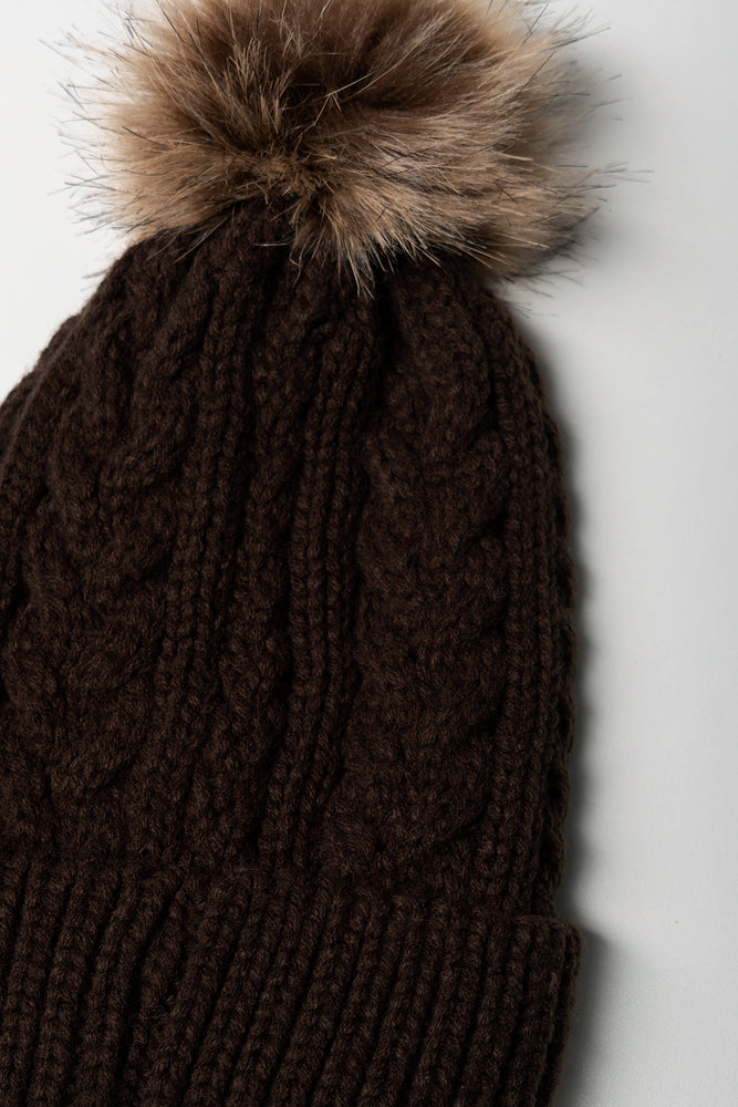 Pom Pom Chunky Beanie Brown (1)
