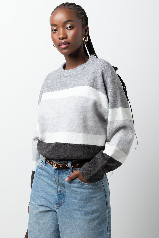 Stripe Long Sleeve Crew Neck Jersey Grey