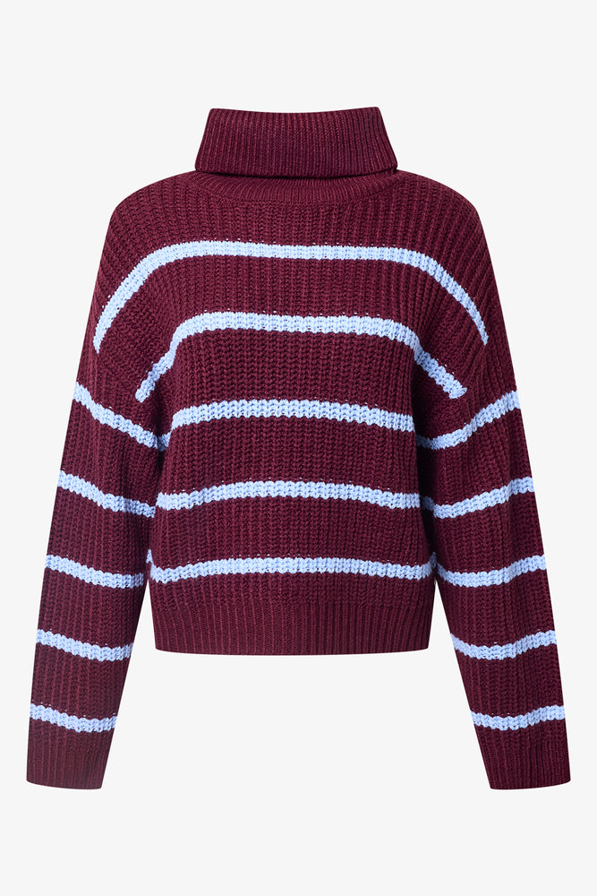 Stripe Long Sleeve Poloneck Jumper Burgundy And Blue