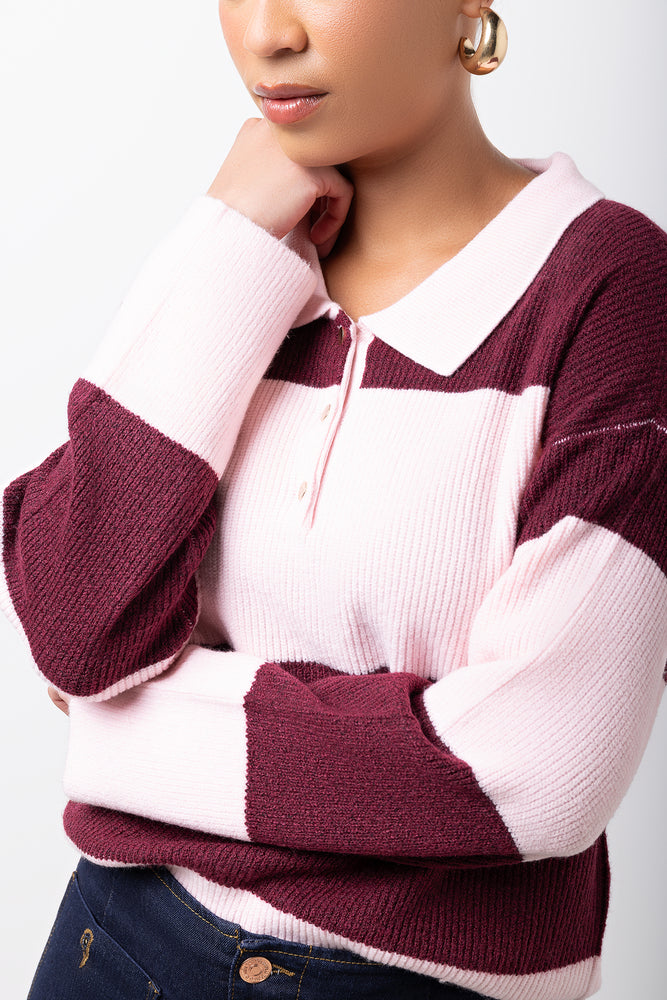 Stripe Long Sleeve Rugby Jersey Burgundy And White (3)
