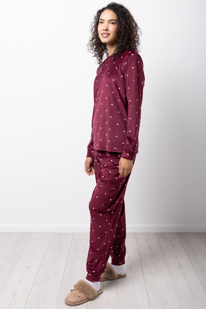 Heart Print Fleece Pyjamas Burgundy (1)