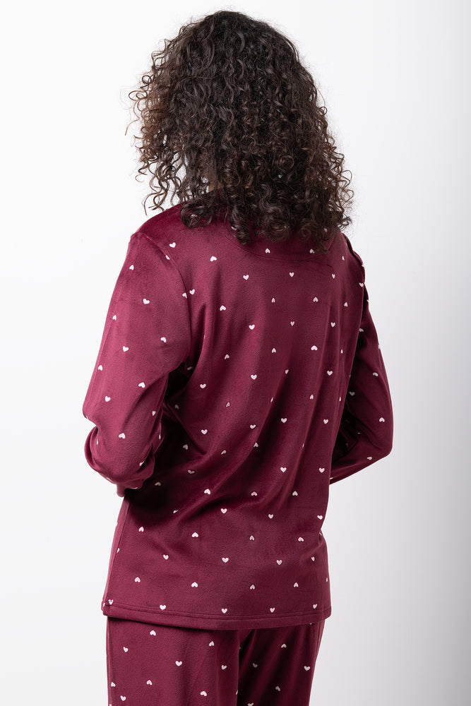 Heart Print Fleece Pyjamas Burgundy (2)