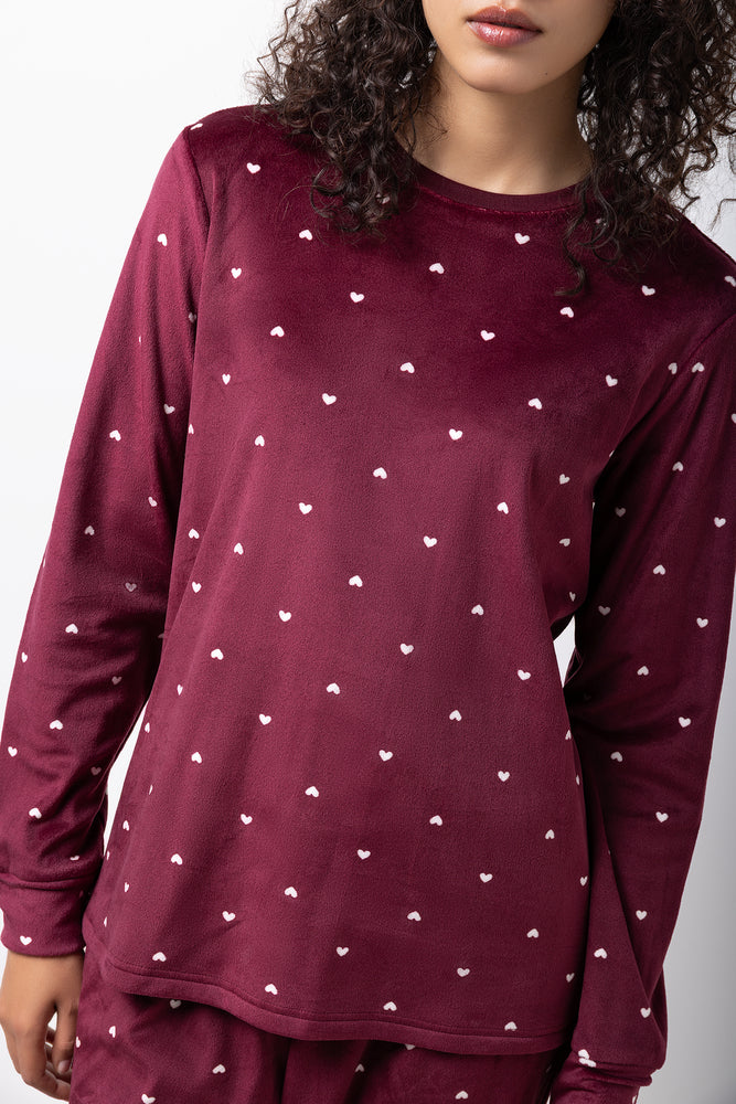 Heart Print Fleece Pyjamas Burgundy (3)