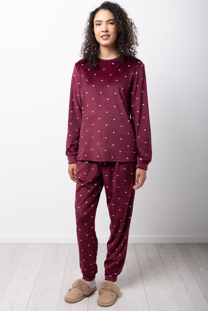 Heart Print Fleece Pyjamas Burgundy (4)