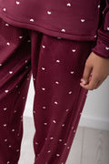 Heart Print Fleece Pyjamas Burgundy (7)