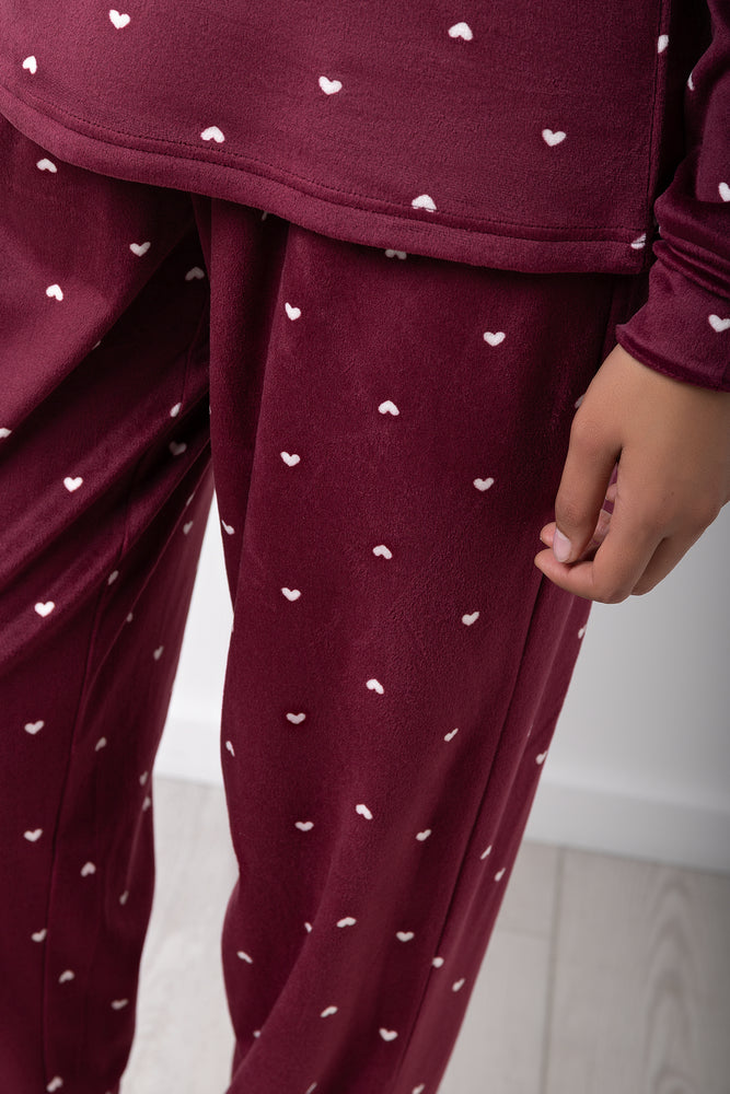 Heart Print Fleece Pyjamas Burgundy (7)