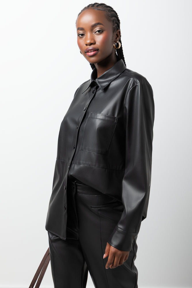 Long Sleeve Pleather Shirt Black