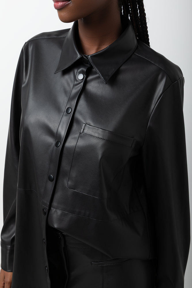 Long Sleeve Pleather Shirt Black (3)