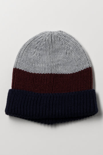 Stripe Rib Beanie Navy, Burgundy And Grey
